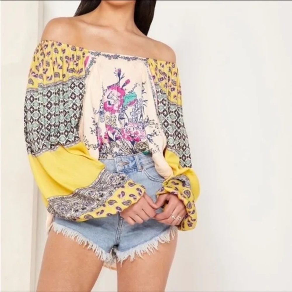 Free People Positano Off The Shoulder Printed Blouse in Yellow Womens Size: S